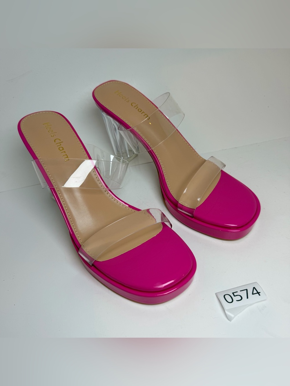 Hot Pink Clear Strap Block Heel Mules